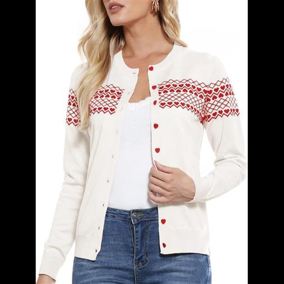 GRACE KARIN Women’s Y2K Button Down Heart Pattern Sweater(LHeart-White)